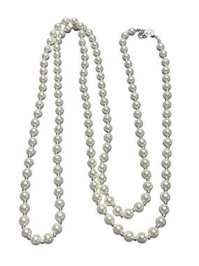 Glass Faux Pearl Beaded Necklace Silvertone Spacer Beads Lobster Clasp 42 inch